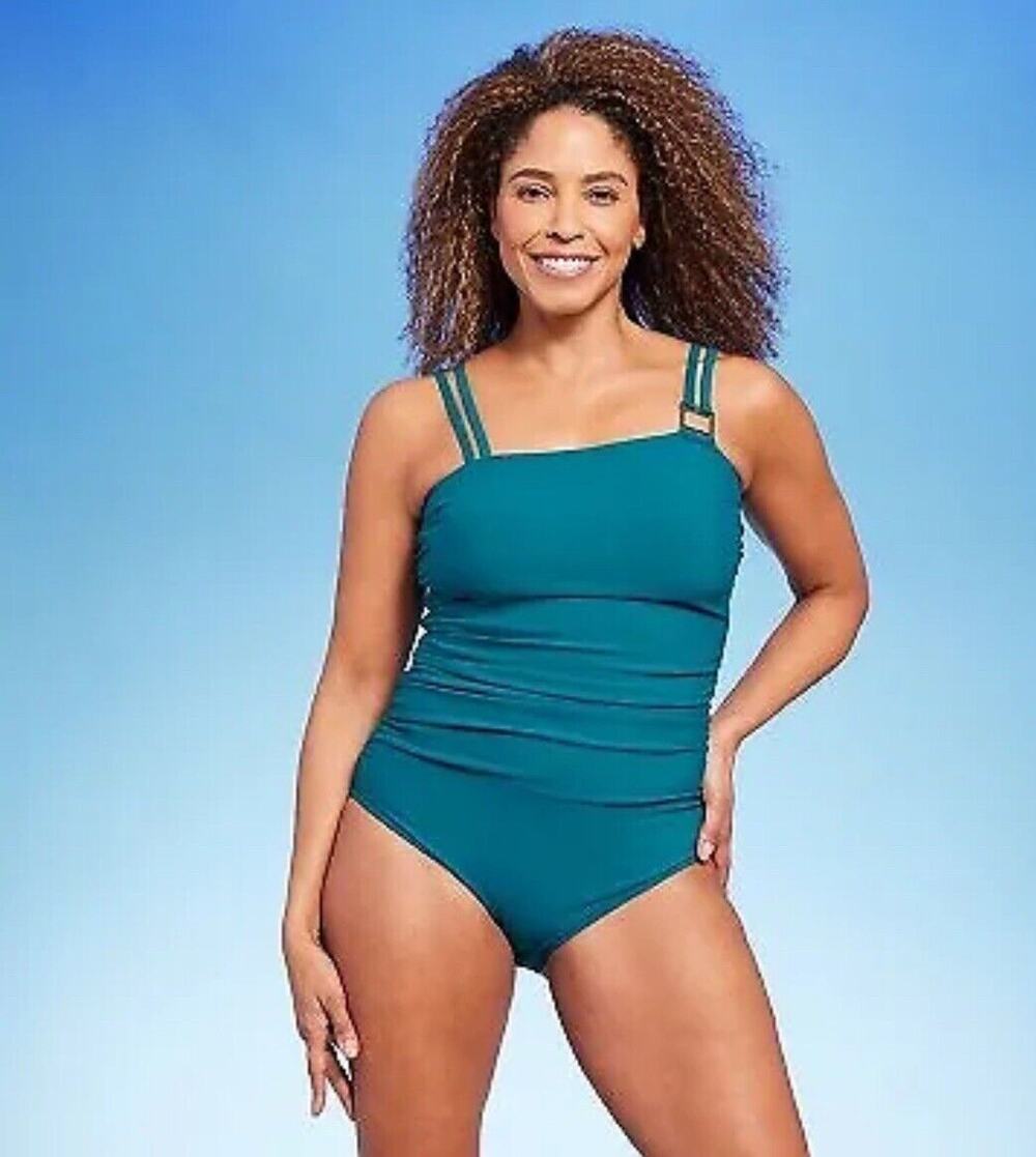 Women's UPF 50 Double Strap Asymmetrical One Piece Swimsuit Aqua Green 17 NWT